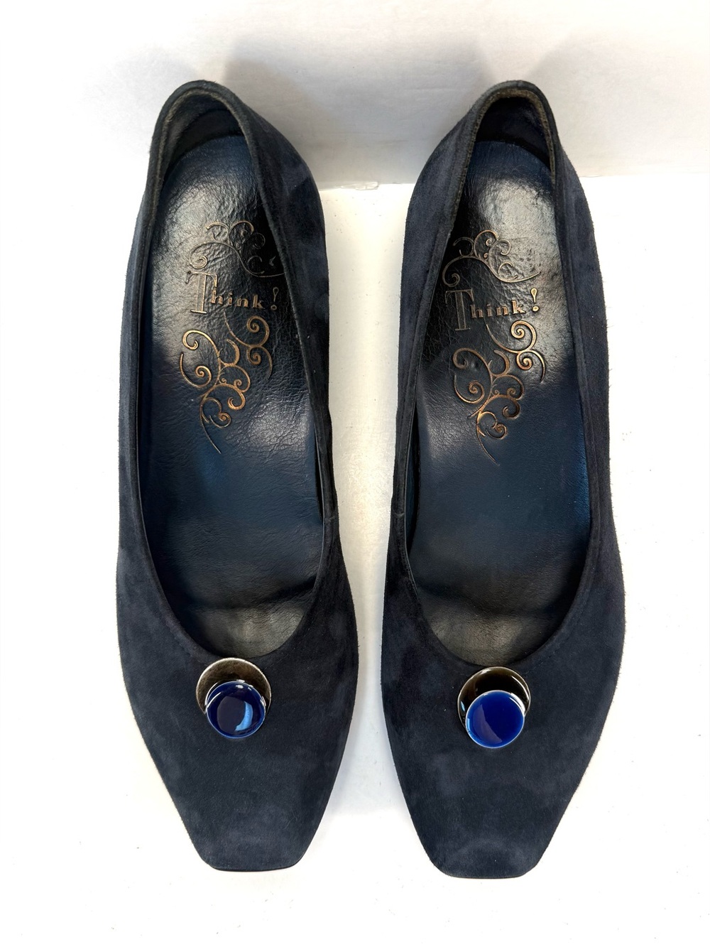 Think! Navy Blue Suede Low wedge Heel Flats with Blue jewel Accent size 10 - Picture 8 of 16